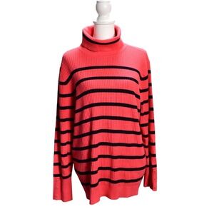 Talbot's Womens Striped Turtleneck Sweater Coral Black Ribbed Size 2x